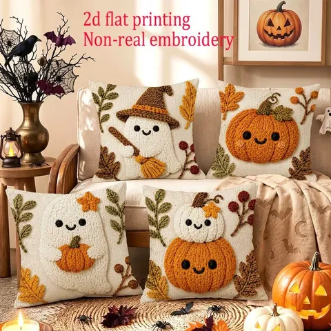 Halloween Decorative Pillow Cover Peach Skin Fabric Pumpkin Ghost Maple Leaf Print Cushion Cover For Sofa Home Decor