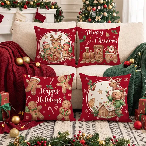 Christmas Decorative Pillow Cover Gingerbread Man Elk Printed Square Cushion Case For Sofa Bed Home Decor Holiday