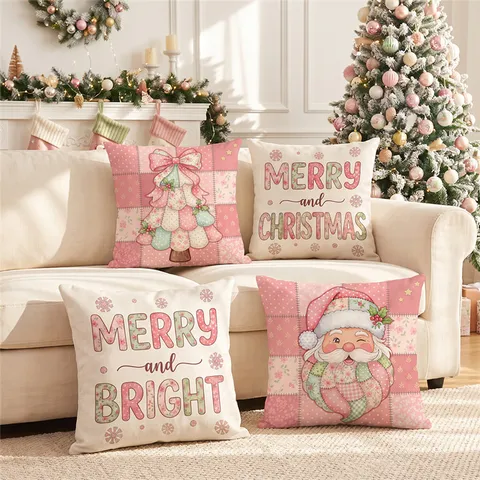 Funda de Cojín Navideña Rosa con Patrón de Papá Noel Lazo Árbol Funda de Cojín Cuadrada Decoración Festiva para el Hogar Sin Relleno