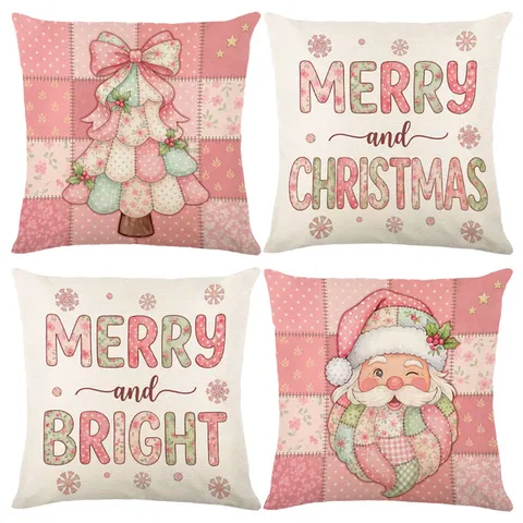 Funda de Cojín Navideña Rosa con Patrón de Papá Noel Lazo Árbol Funda de Cojín Cuadrada Decoración Festiva para el Hogar Sin Relleno