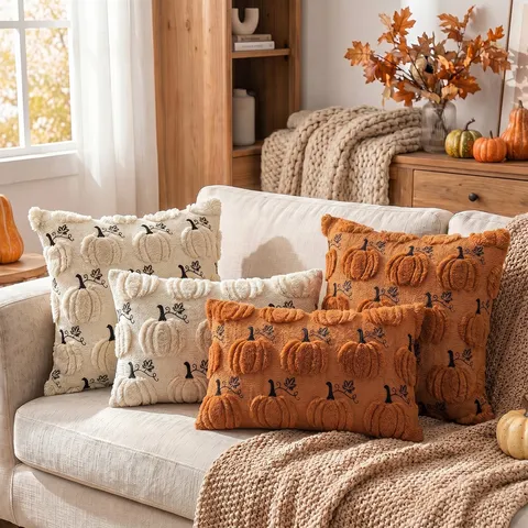 Autumn Pumpkin Embroidered Pillow Cover Thanksgiving Sofa Decor Halloween Throw Cushion Case Plush Decorative Pillow