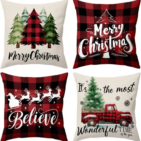 Christmas Pillow Cover Linen Festive Snowflake Elk Printed Square Cushion Cover for Sofa Bed Home Holiday Decor
