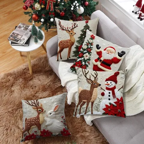 Christmas Decorative Throw Pillow Cover 3D Embroidered Elk Santa Claus Snowflake Pillowcase For Living Room Sofa Home Decor