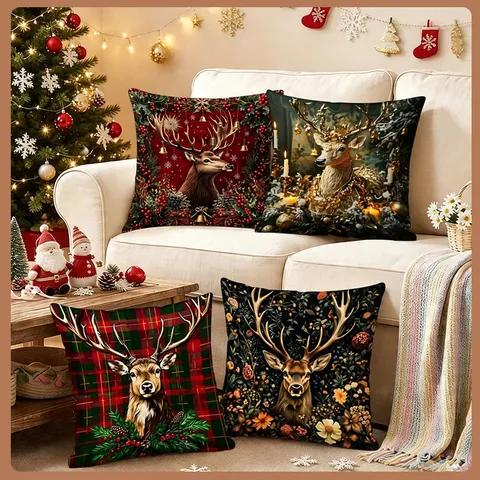 Christmas Pillow Cover Red Green Festive Deer Short Plush Decorative Cushion Cover For Holiday Party Home Sofa Living