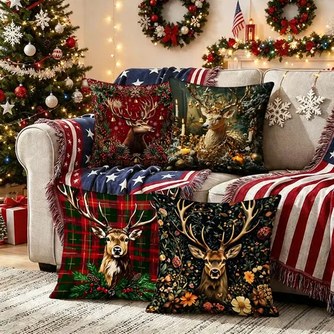 Christmas Pillow Cover Red Green Festive Deer Short Plush Decorative Cushion Cover For Holiday Party Home Sofa Living