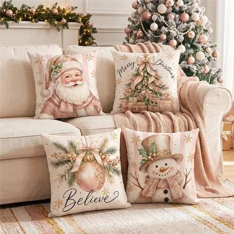 Pink Christmas Pillow Cover Cute Santa Claus Snowman Print Decorative Cushion Cover Nordic Style Home Sofa Bed Decor