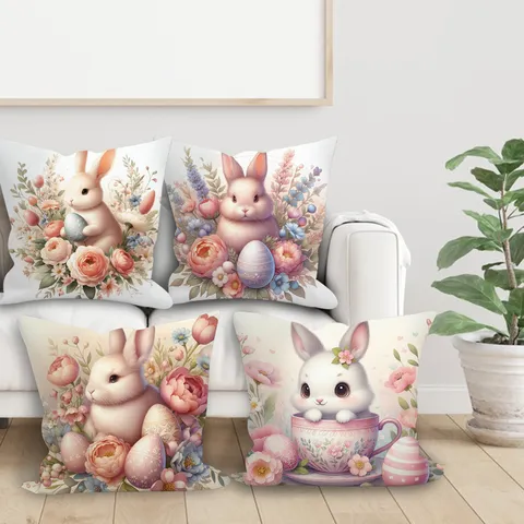 Housse de Coussin Décorative Motif Lapin de Pâques Floral en Peau de Pêche Velours pour Canapé et Bureau