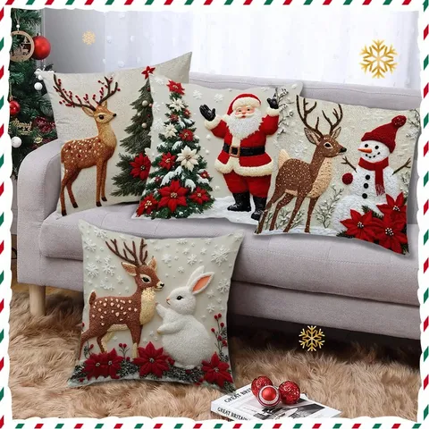 Christmas Decorative Pillow Cover Elk Santa Snowman Short Plush Cushion Case Festive Holiday Sofa Home Decor