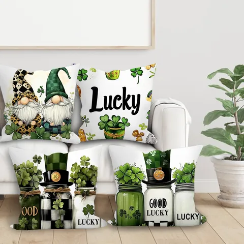 St Patricks Day Throw Pillow Cover Shamrock Gnome Peach Skin Velvet Cushion Case Festive Living Room Decor