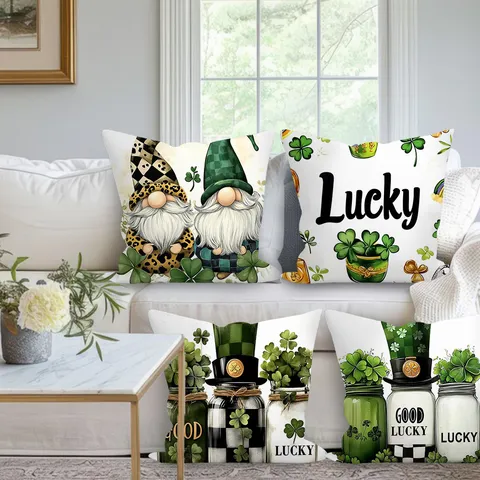 St Patricks Day Throw Pillow Cover Shamrock Gnome Peach Skin Velvet Cushion Case Festive Living Room Decor
