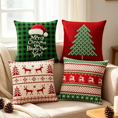 Christmas Pillow Cover Linen Printed Santa Elk Tree Cushion Cover Holiday Sofa Home Decorative Pillowcase Without Insert