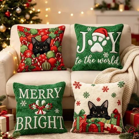Christmas Throw Pillow Case Cute Black Cat Holiday Letter Decorative Cushion Cover For Home Sofa Bed Living Room