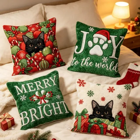 Christmas Throw Pillow Case Cute Black Cat Holiday Letter Decorative Cushion Cover For Home Sofa Bed Living Room