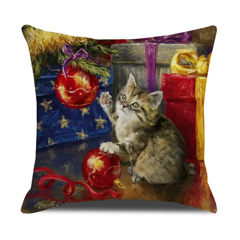 Christmas Cartoon Linen Throw Pillow Cover Cute Dog Animal Print Decorative Square Cushion Cover For Living Room