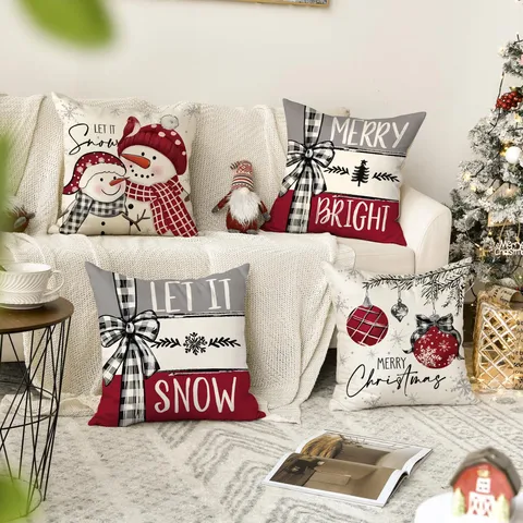 Christmas Pillow Cover Snowflake Snowman Printed Faux Linen Cushion Cover Festive Home Sofa Decorative Pillowcase
