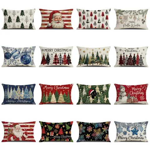 Christmas Vintage Printed Throw Pillow Cover Rectangular Polyester Cushion Case Santa Snowman Tree Holiday Home Decor
