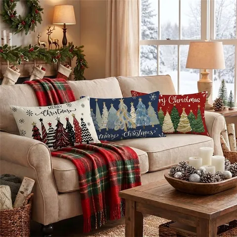 Christmas Vintage Printed Throw Pillow Cover Rectangular Polyester Cushion Case Santa Snowman Tree Holiday Home Decor