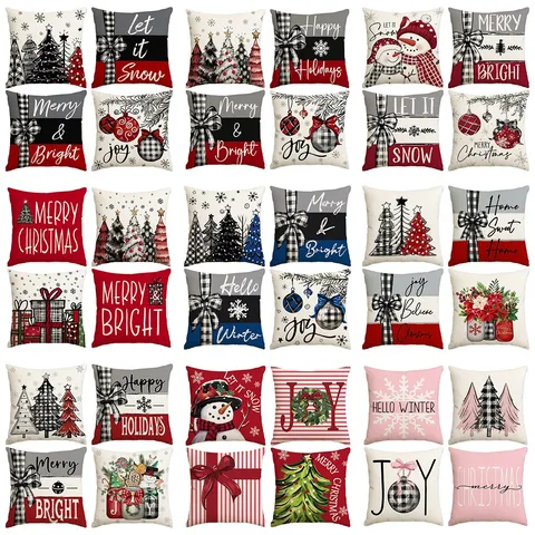 Christmas Pillow Cover Snowflake Snowman Printed Faux Linen Cushion Cover Festive Home Sofa Decorative Pillowcase