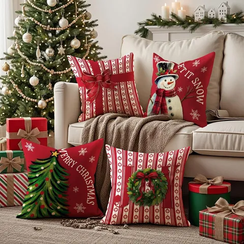 Christmas Red Pillow Cover Snowman Bow Garland Decorative Cushion Cover Linen Square Throw Pillow Case for Home Party