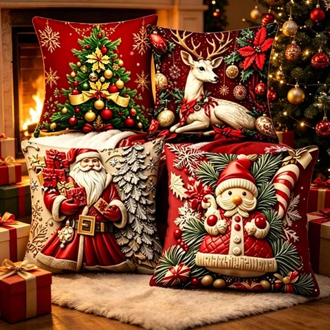 Christmas Pillow Cover Short Plush Festive Printed Sofa Cushion Cover For Living Room Home Holiday Decor