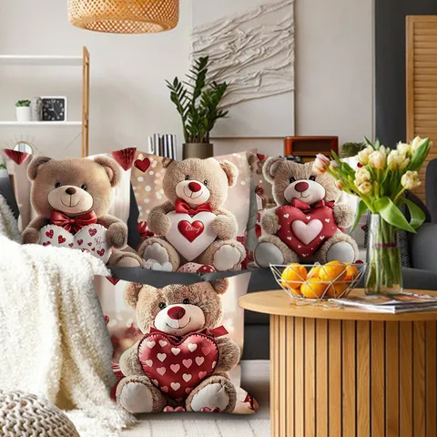 Valentine Day Throw Pillow Cover Cute Teddy Bear Heart Print Peach Skin Velvet Sofa Cushion Cover Decorative Pillowcase