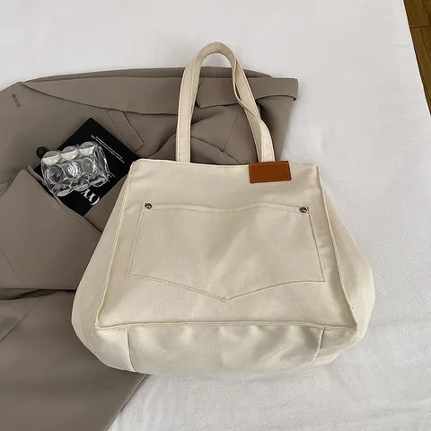 Sac Fourre-Tout en Toile Casual Vintage pour Femmes Grande Capacité Sac à Épaule Couleur Unie Sac à Main Shopping Voyage