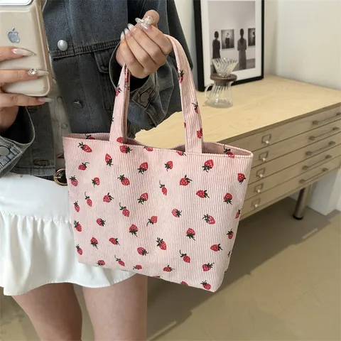 Dames Corduroy Aardbei Print Totebas Stedelijk Minimalistisch Grote Capaciteit Schoudertas Magneetsluiting Handtas