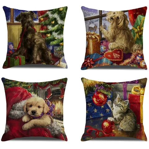 Christmas Cartoon Linen Throw Pillow Cover Cute Dog Animal Print Decorative Square Cushion Cover For Living Room