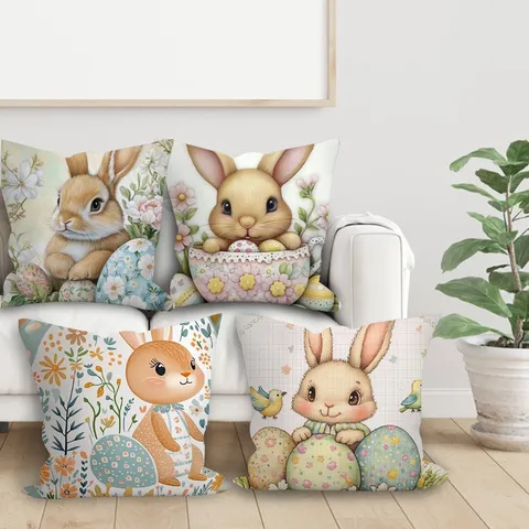 Housse de Coussin Décorative en Velours de Pêche à Impression Numérique Motif Lapin de Pâques Floral Nordique pour Salon Maison