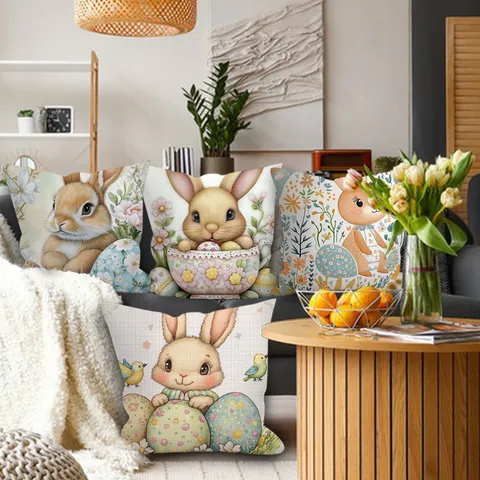 Housse de Coussin Décorative en Velours de Pêche à Impression Numérique Motif Lapin de Pâques Floral Nordique pour Salon Maison