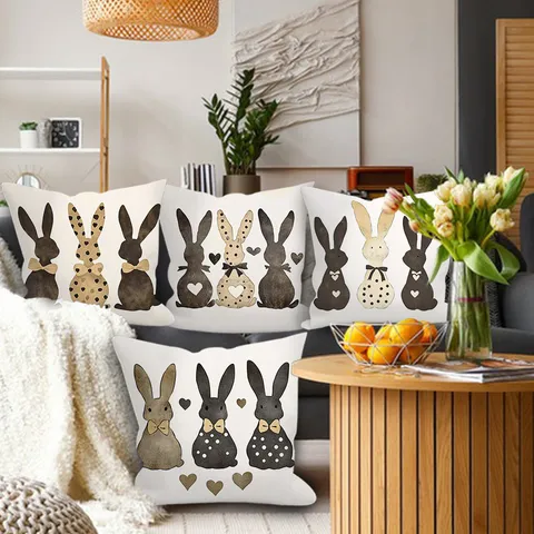 Housse de Coussin Décorative Carrée en Peau de Pêche Imprimé Cœur Lapin de Dessin Animé de Pâques pour Canapé Décoration Maison