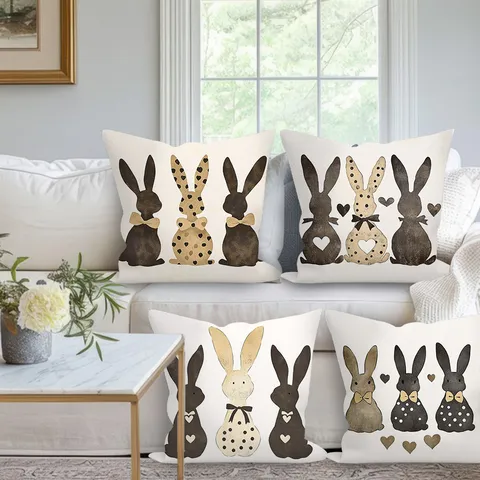 Housse de Coussin Décorative Carrée en Peau de Pêche Imprimé Cœur Lapin de Dessin Animé de Pâques pour Canapé Décoration Maison