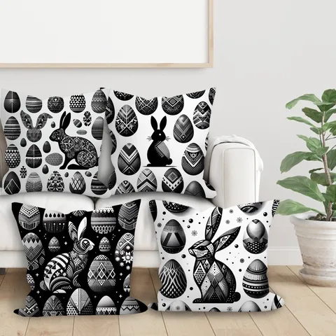 Lapin de Pâques Œuf Imprimé Velours Peau de Pêche Housse de Coussin Géométrique Fête Salon Chambre Housse de Coussin