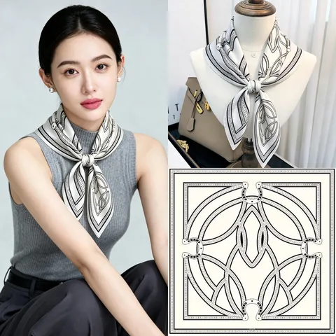 Mulberry Silk Square Scarf For Women Vintage Geometric Print Fashion Neck Scarf Elegant Head Scarf Gift