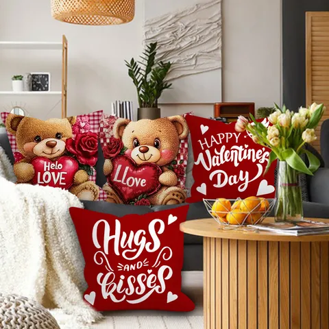 Valentinstag Pfirsichhaut Samt Dekorativer Kissenbezug Süßer Bär Herz Buchstaben Druck Quadratischer Kissenbezug Für Sofa Wohnzimmer Heimdekoration