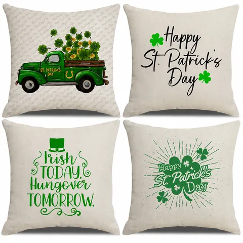 St. Patrick's Day Linen Throw Pillow Cover Decorative Irish Green Clover Truck Cushion Case for Living Room Home