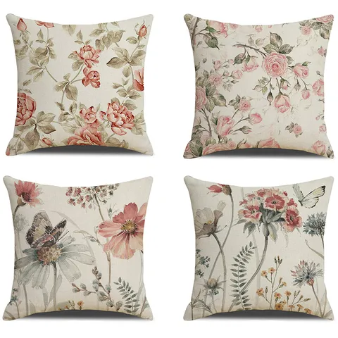 Nordic Vintage Floral Linen Cushion Cover Square Pillow Case For Living Room Sofa Home Textile Decor