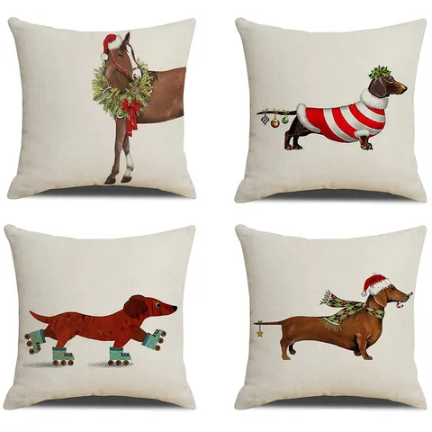 Christmas Dog Linen Pillow Cover Festive Cartoon Animal Throw Pillow Case Nordic Home Sofa Bedroom Decorative Pillowcase