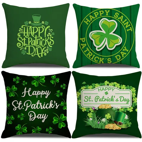 St. Patricks Day Linen Pillow Cover Square Shamrock Green Cushion Case Home Decor Festival Throw Pillow Protector