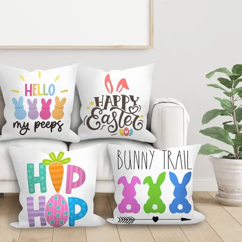 Housse de Coussin en Velours Peau de Pêche Imprimé Lettres Lapin de Pâques Housse de Coussin Carrée Décorative pour Canapé Salon