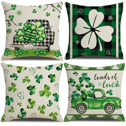 St Patricks Day Linen Pillow Cover Shamrock Clover Decorative Throw Pillow Case Square Cushion Cover for Sofa Home Decor