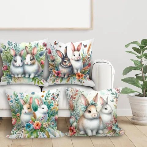 Housse de Coussin Floral Lapin de Pâques Taie d'Oreiller Décorative Peau de Pêche Mignon Lapin Housse de Coussin pour Canapé Maison