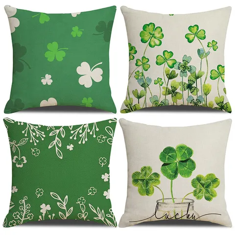 St Patricks Day Linen Pillow Cover Shamrock Clover Decorative Throw Pillow Case Square Cushion Cover for Sofa Home Decor