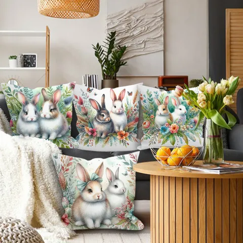 Housse de Coussin Floral Lapin de Pâques Taie d'Oreiller Décorative Peau de Pêche Mignon Lapin Housse de Coussin pour Canapé Maison