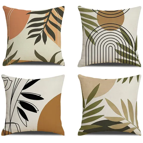 Nordic Minimalist Linen Pillow Cover Botanical Leaf And Geometric Printed Decorative Throw Pillow Cover For Sofa