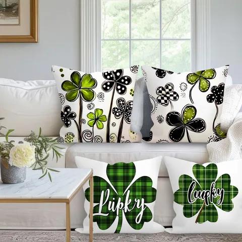 Nordic St. Patrick's Day Clover Plaid Peach Skin Velvet Pillow Case Decorative Square Cushion Cover For Sofa Living Room