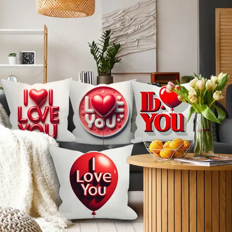 Valentine's Day Pillow Cover Love Heart Balloon Peach Skin Velvet Decorative Throw Pillow Case for Sofa Home