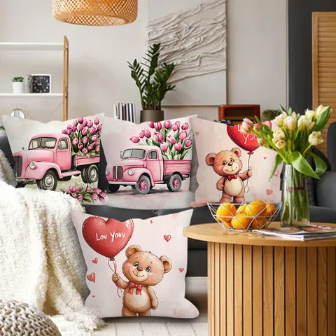 Valentinstag Pfirsichhaut Samt Kissenbezug Süßer Bär Blumen Lkw Druck Kissenbezug Dekorative Quadratische Kissenhülle Für Zuhause Sofa