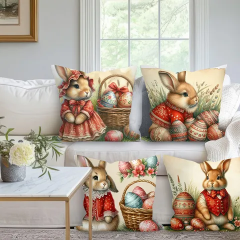 Housse de Coussin Lapin de Pâques et Œuf Style Nordique Peau de Pêche pour Canapé Voiture Décoration de Maison