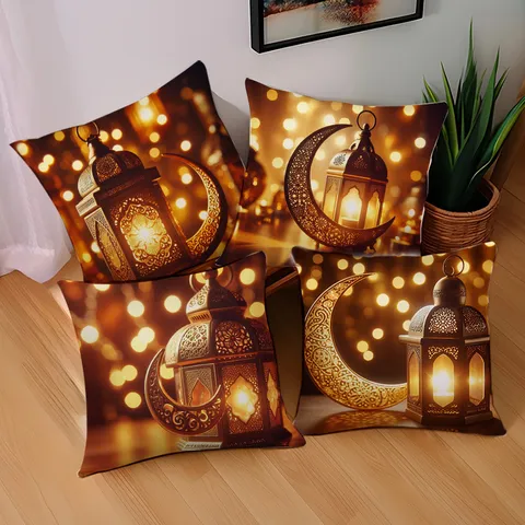 Peach Skin Velvet Pillow Cover Gold Moon Lantern Printed Cushion Cover Decorative Holiday Home Textile Pillowcase